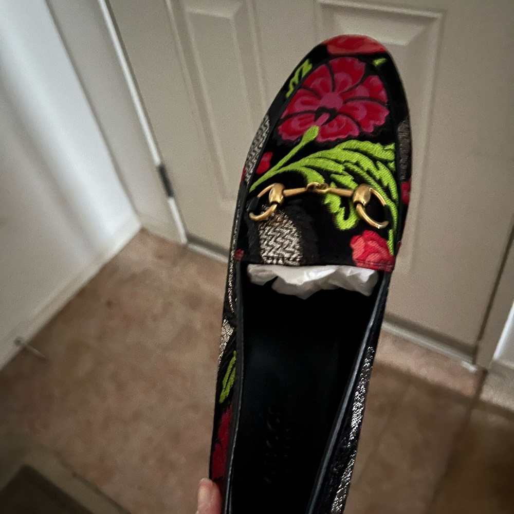Gucci Black Floral Loafers with Gold Detail
